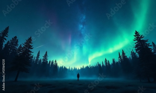 Cosmic wonder, bright northern lights dancing above a quiet forest, shooting stars, peaceful solitude.