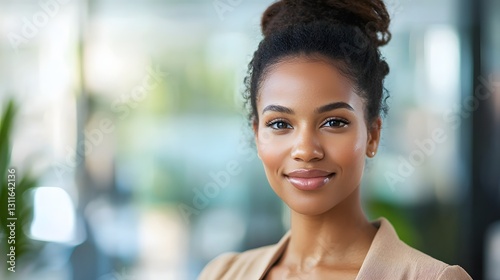 Confident Young Woman Smiling in Modern Office Setting
