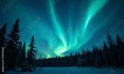 Cosmic wonder, bright northern lights dancing above a quiet forest, shooting stars, peaceful solitude.