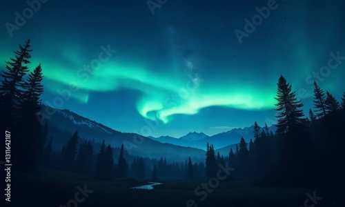 Serene nighttime wilderness, glowing aurora waves in the sky, dark pine trees framing the view.