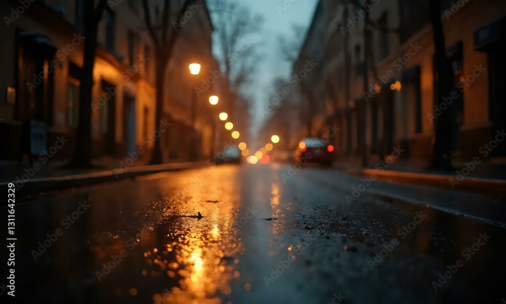 Fototapeta premium Moody urban street after rain, golden reflections on wet pavement, soft bokeh lights, cinematic cityscape.