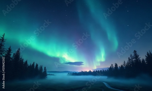 Starry night with mesmerizing aurora, deep space atmosphere, magical landscape, glowing mist above a forest.