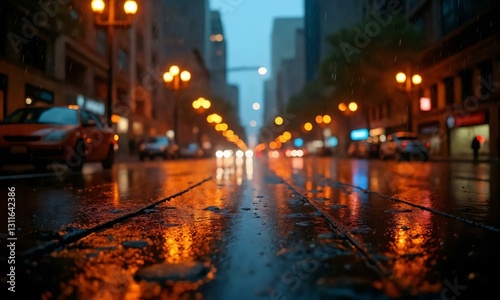 Rainy metropolis, warm city lights bouncing off wet pavement, deep focus on reflections, cozy yet mysterious.