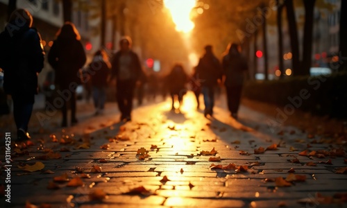 Autumn city street, rain-soaked pavement reflecting golden lights, blurred silhouettes of people walking.