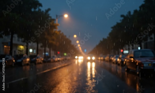 Rainy urban evening, streetlights glowing in the mist, blurred car motion, deep reflections, atmospheric scene.