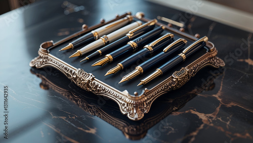 Elegant fountain pen collection with gold trim and wooden holder
