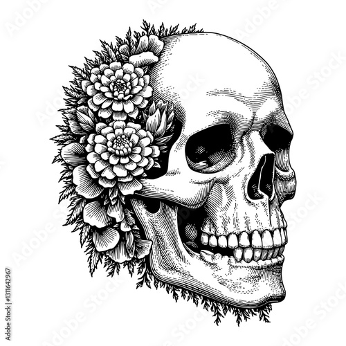 Skull with Carnations Flowers Overgrowth Detailed Side View Black and White Outline Line Art Drawing