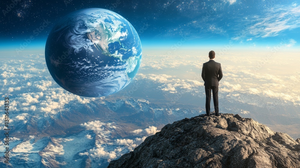 Fototapeta premium Standing on a mountain peak, a man watches as the earth ascends above the clouds in an otherworldly sky