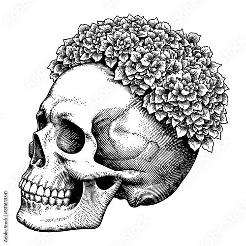 Skull with Overgrowth Hydrangeas Flowers Anatomy Detailed Black and White Outline Line Art Drawing