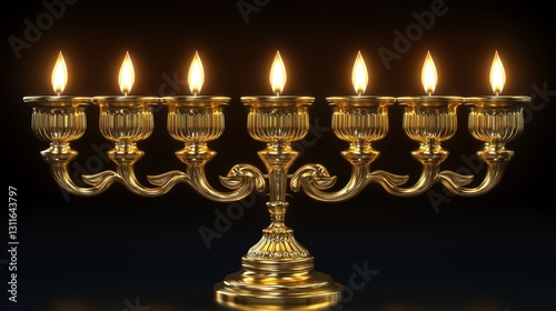 A seven-branched menorah with burning candles, adorned with an intricate design, is lit up photo