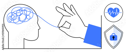 Hand unravels tangled lines in brain, represents mental clarity. Heartbeat and shield icons stand for health and security. Ideal for mental health, stress relief, therapy, wellness, cognitive