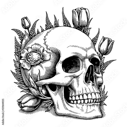 Engraved Skull with Overgrowth Tulip Flowers Detailed Black and White Outline Line Art Drawing
