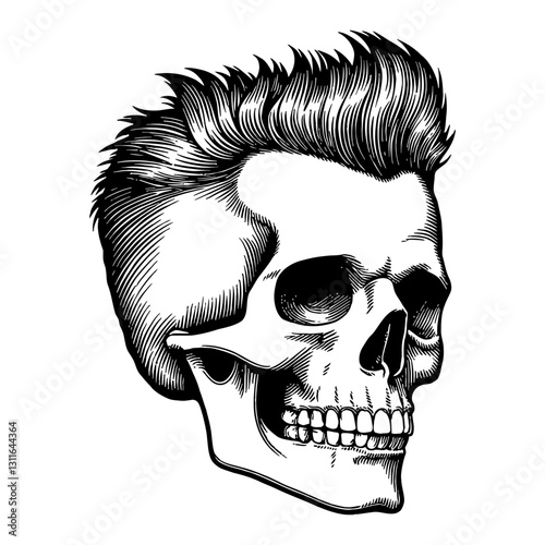 Skull with Pompadour Hair Detailed Engraving Side View Black and White Outline Line Art Drawing