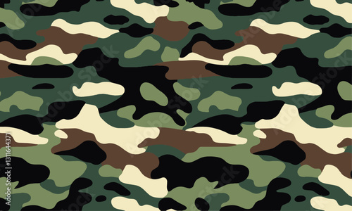 Modern seamless vector-style camouflage pattern featuring, realistic military-style shapes, easily editable.