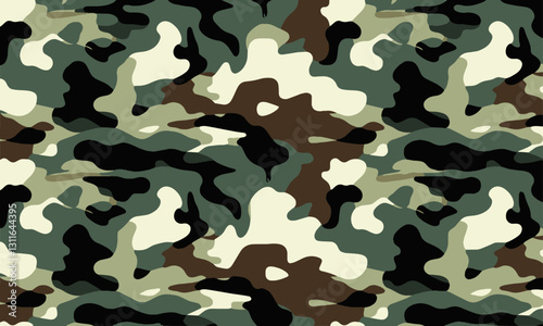 Modern seamless vector-style camouflage pattern featuring, realistic military-style shapes, easily editable.