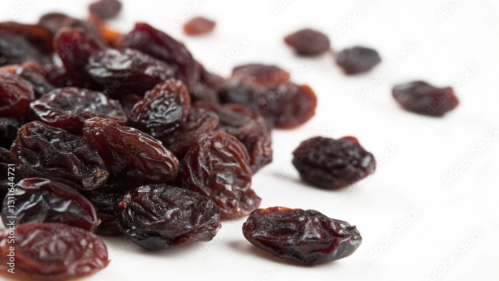 Macro Closeup of Pile Handful of Dark Raisins, Isolated on White Background - Thompson Seedless, Black Corinth, Muscat, Flame Seedless, Monukka Macro Closeup of Pile Handful of Dark Raisins, Isolated on White Background - Thompson Seedless, Black Corinth, Muscat, Flame Seedless, Monukka