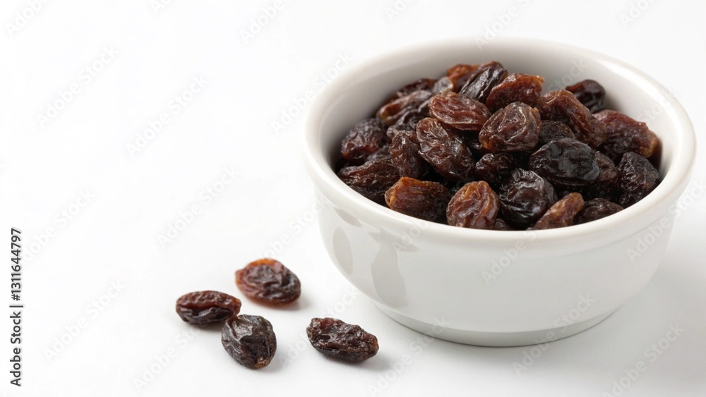 Bowl of Dark Raisins, Isolated on White Background - Thompson Seedless, Black Corinth, Muscat, Flame Seedless, Monukka Bowl of Dark Raisins, Isolated on White Background - Thompson Seedless, Black Corinth, Muscat, Flame Seedless, Monukka