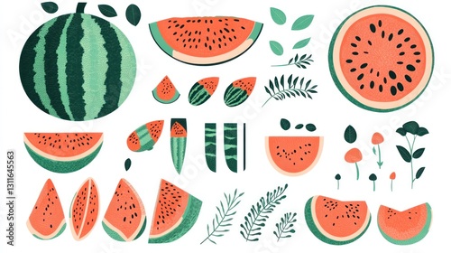 Watermelon slices and leaves, flat design, summer food illustration, decorative photo