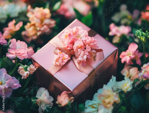A pink box with a ribbon is sitting in a field of flowers. The box is decorated with pink flowers and has a ribbon tied around it. The scene is peaceful and serene