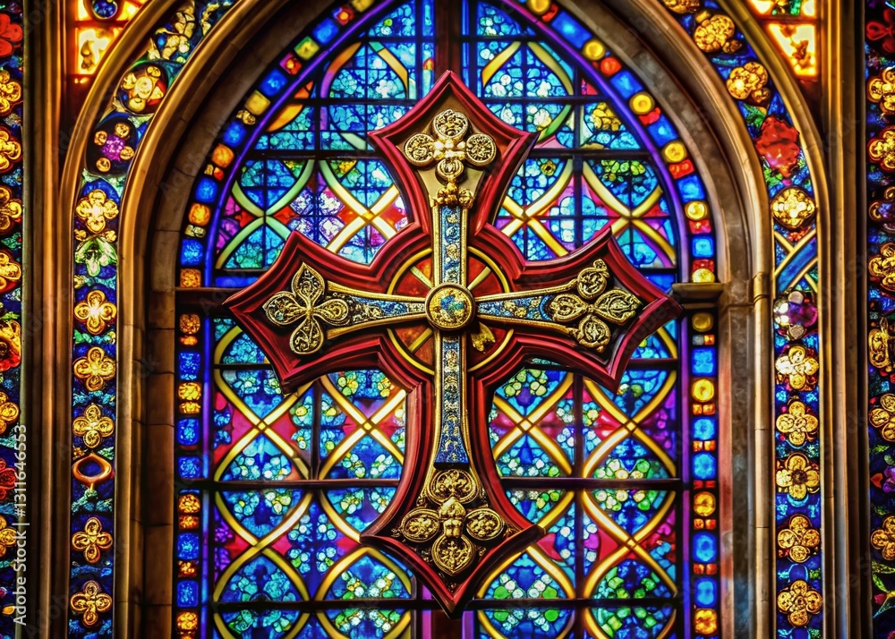 Templar Cross Stained Glass Window - Medieval Religious Symbol, Gothic Architecture Detail Templar Cross Stained Glass Window - Medieval Religious Symbol, Gothic Architecture Detail