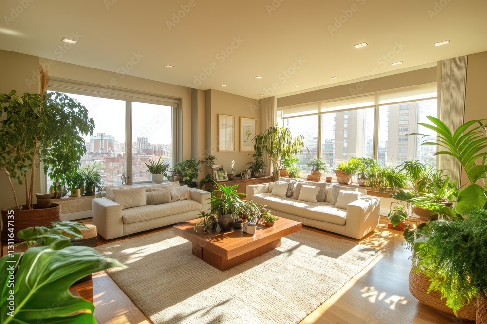 Fototapeta premium Sunlit Sanctuary: A Lush Plant-Filled Living Room for Relaxation and Serenity