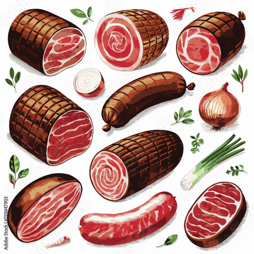 Hand-Drawn Illustration of Cured Meats and Sausages