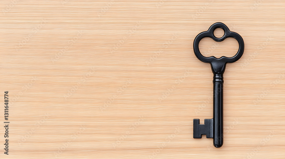 A single key on a wooden table, 45-degree overhead view, symbolizing security, ownership, or new opportunities.
