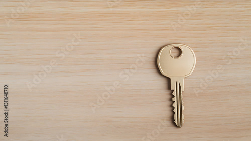 A single key on a wooden table, 45-degree overhead view, symbolizing security, ownership, or new opportunities.
