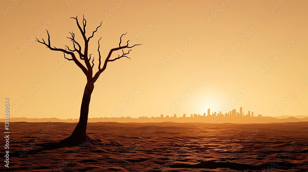 Climate Change drought idea. A solitary tree silhouette against a vibrant sunset in a barren landscape. Climate Change drought idea. A solitary tree silhouette against a vibrant sunset in a barren landscape.