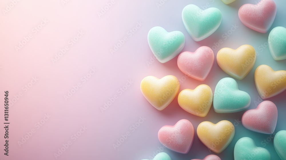 Fototapeta premium Colorful Heart-Shaped Candy Arrangement on a Soft Gradient Background Capturing Sweetness and Delight