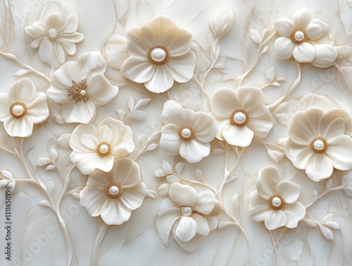 Elegant floral wall decor, pearl accents, marble background, home interior design