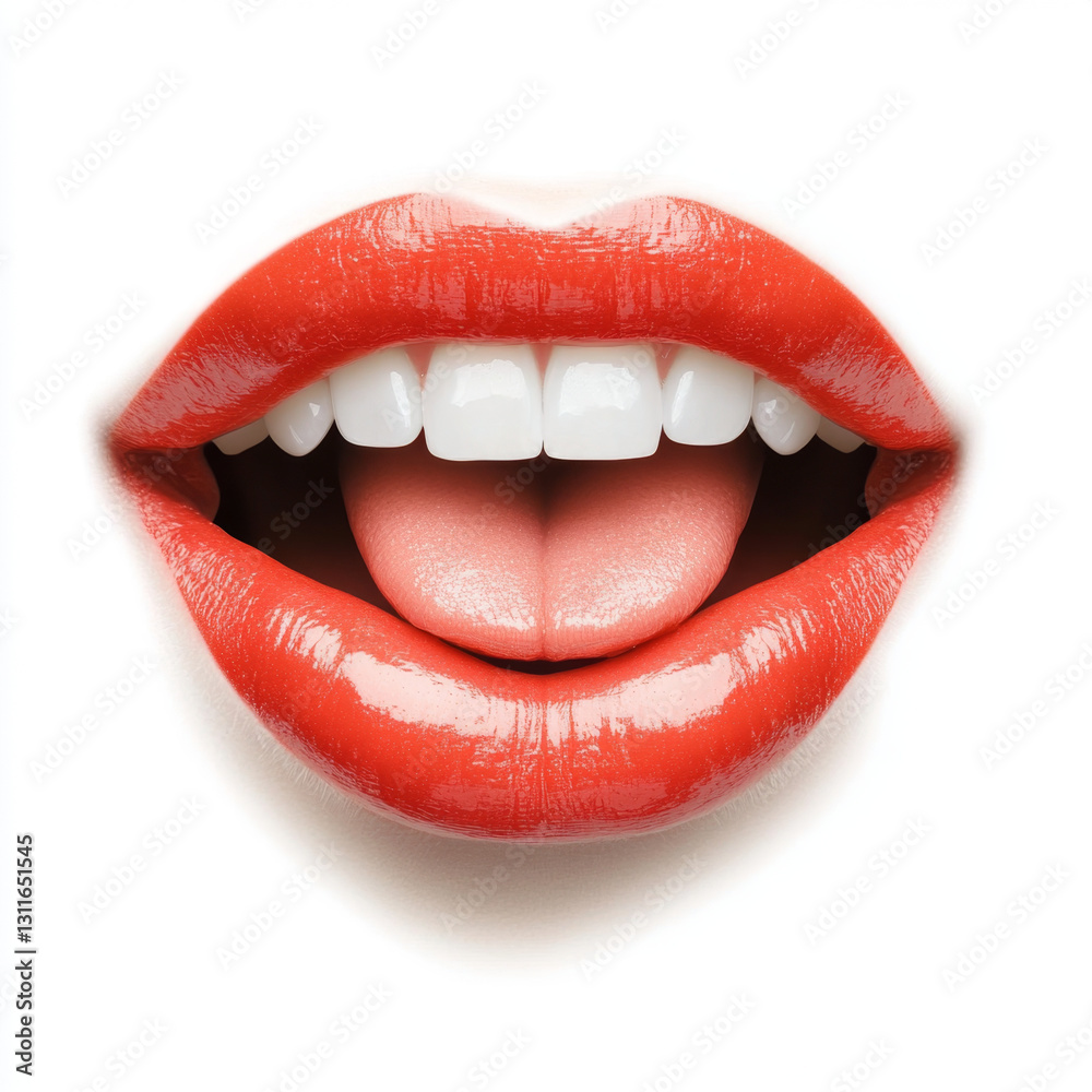 Fototapeta premium Vibrant red lips parted, showcasing white teeth and pink tongue, exuding confidence and allure