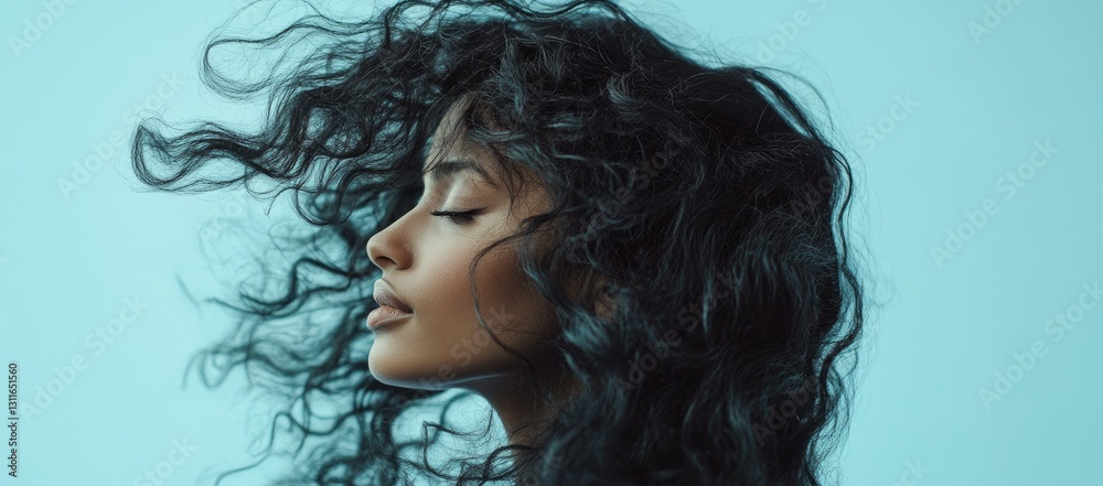 Naklejka premium Beautiful woman with long, curly hair flowing in the wind, floating and swaying, looking at the camera in profile