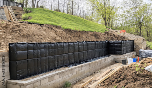 Construction workers erect a large black wall in a residential area surrounded by greenery during spring, showcasing ongoing outdoor work photo