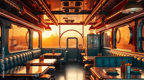 Dynamic Fusion of Past and Future in Retro-Futuristic Diner with Neon and Chrome Accents 16:9 ar Time Warp digital art

