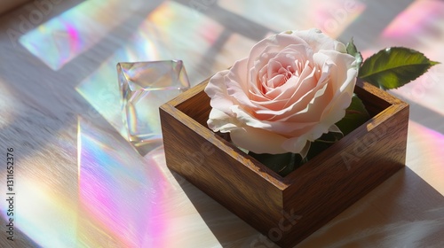Wooden box pink rose prism light AI generated