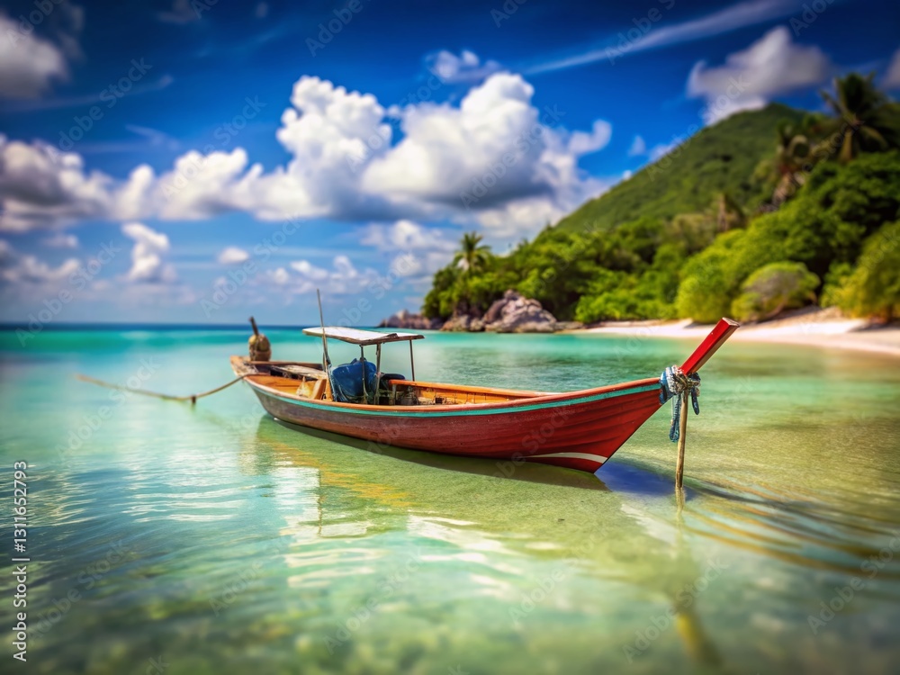 Tilt-Shift Photo: Idyllic Longtail Boat on Koh Phangan's White Sand Beach Tilt-Shift Photo: Idyllic Longtail Boat on Koh Phangan's White Sand Beach