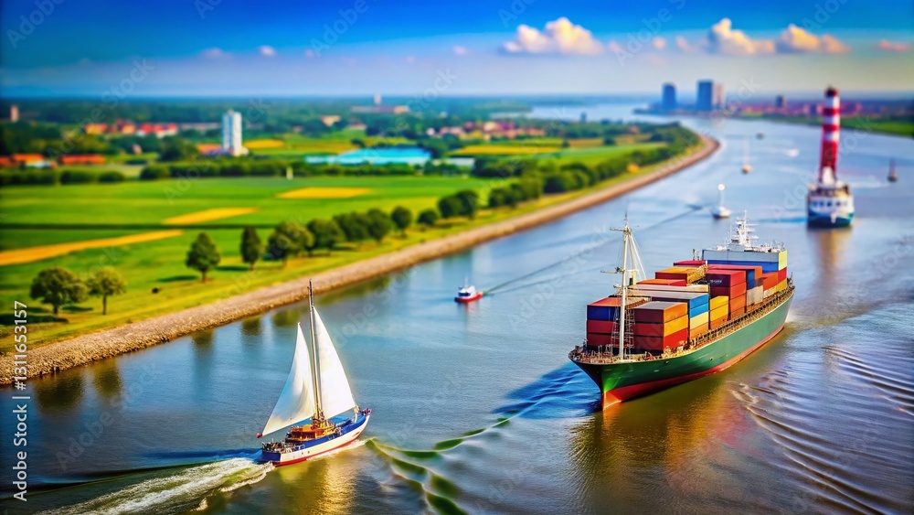 Obraz premium Tilt-Shift Photo: Sailboat on Westerschelde Awaiting Antwerp Container Ship