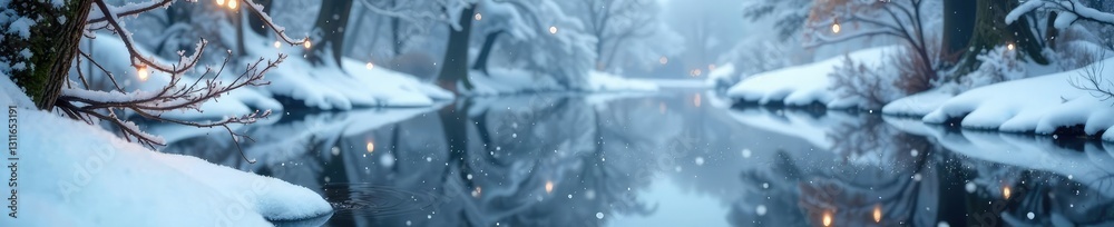 Snowflakes gently falling on a frozen pond amidst a winter wonderland, winter, snowfall Snowflakes gently falling on a frozen pond amidst a winter wonderland, winter, snowfall