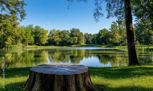 Tree Stump Overlooking Calm Lake and Lush Greenery in a Park