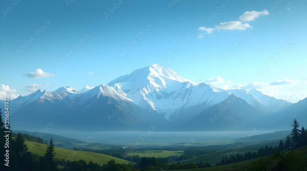 Fototapeta premium Majestic Snow Capped Mountains & Green Valley - Serene Nature Vista