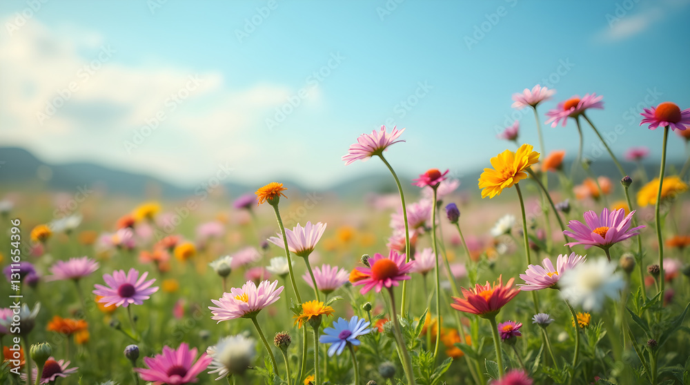 Vibrant Colorful Wildflower Field in Bloom - Spring Meadow Landscape with Blue Sky Mountains - Cheerful Idyllic Peaceful Summer Wildflower Meadow Scene Vibrant Colorful Wildflower Field in Bloom - Spring Meadow Landscape with Blue Sky Mountains - Cheerful Idyllic Peaceful Summer Wildflower Meadow Scene