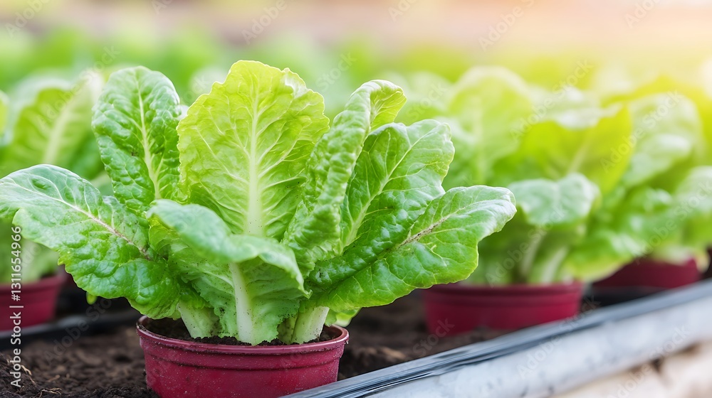 Lettuce seedlings in pots growing in a greenhouse with bright light shining down. Crop cultivation Lettuce seedlings in pots growing in a greenhouse with bright light shining down. Crop cultivation