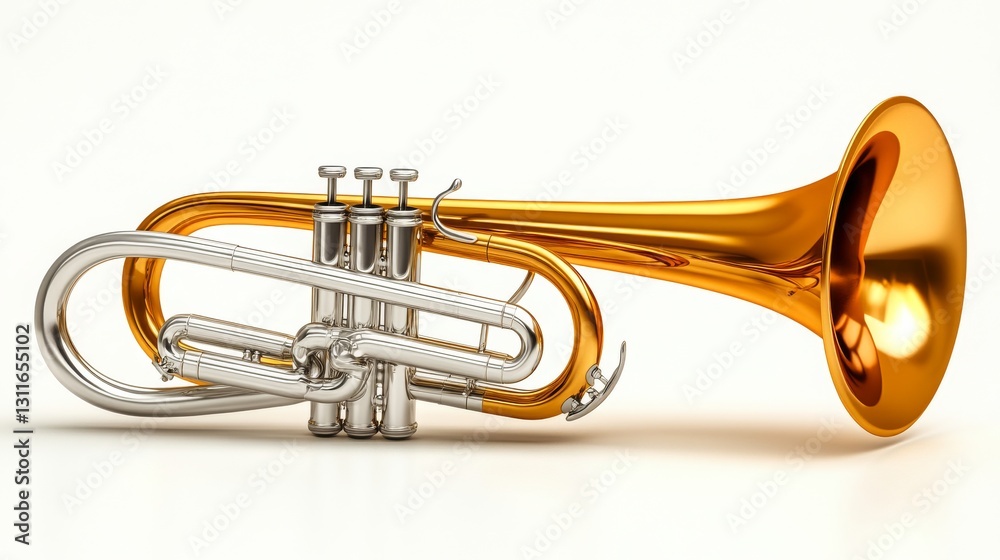 Obraz premium Two lustrous brass and silver trumpets arranged together on a white background