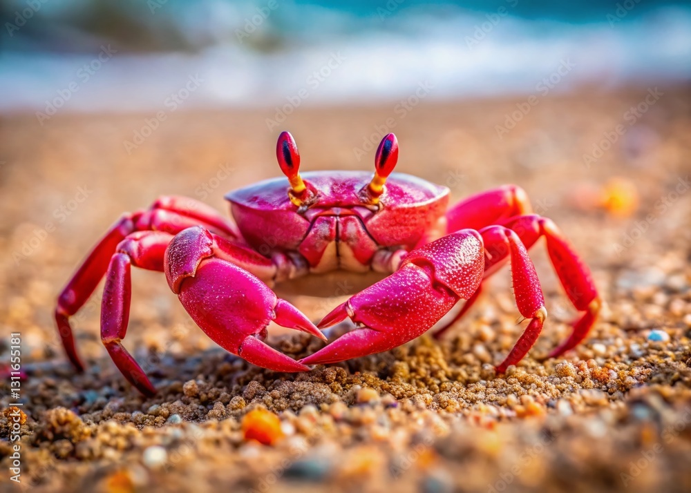Tiny Pink & Red Crab on Sandy Beach - Coastal Wildlife Close-Up Tiny Pink & Red Crab on Sandy Beach - Coastal Wildlife Close-Up