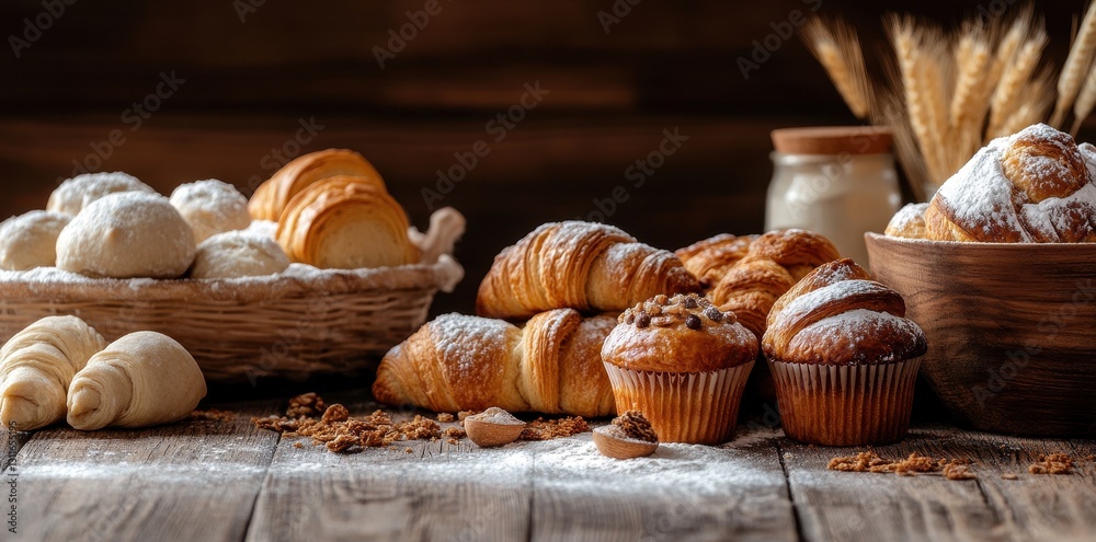 Charming rustic bakery showcasing an array of freshly baked muffins and golden croissants. Charming rustic bakery showcasing an array of freshly baked muffins and golden croissants.