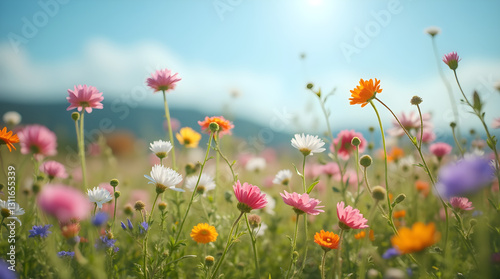 Sunny Vibrant Colorful Wildflower Meadow Pink Orange White Purple Flowers Green Grass Blue Sky Mountainous Landscape Photo Bokeh
