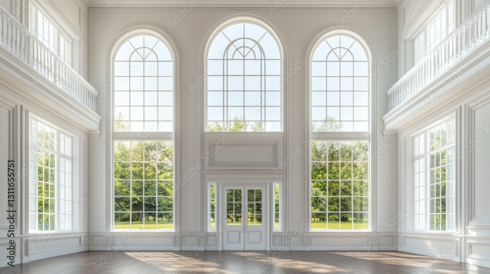 Fototapeta premium An elegantly sunlit, unoccupied room showcasing large windows and parquet flooring in a classic design