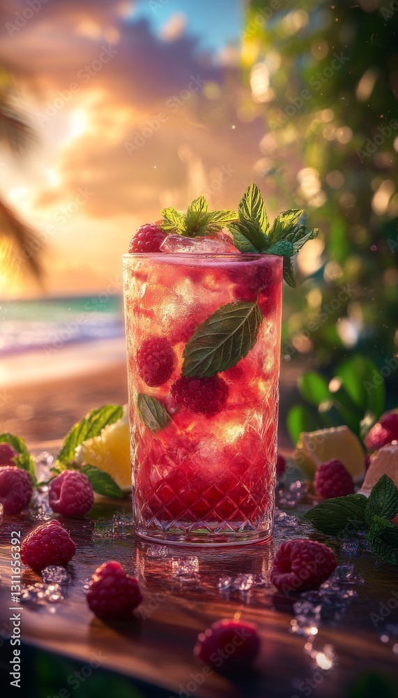 raspberry artisan mojito in a glass on the beach raspberry artisan mojito in a glass on the beach