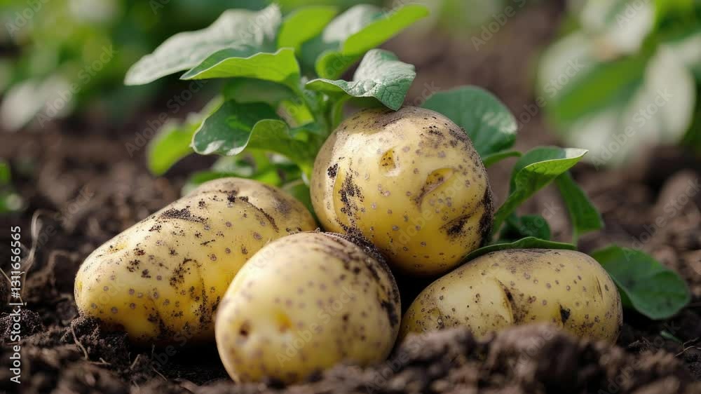 Farmer harvesting beautiful potatoes in a field on the ground